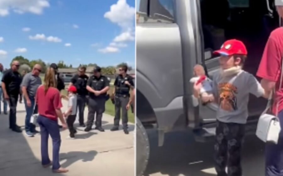 Heartwarming moment boy who survived stabbing attack that left four dead returns home